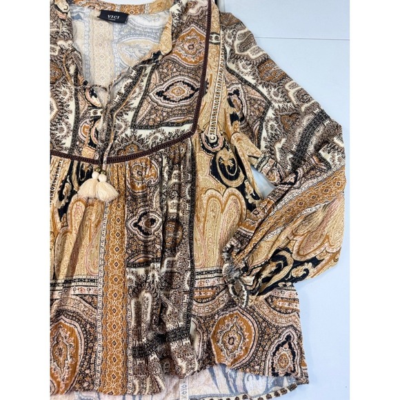 Vici Paisley Print Tassel Tie Long Sleeve Blouse Top Small Boho Chic - Picture 6 of 13